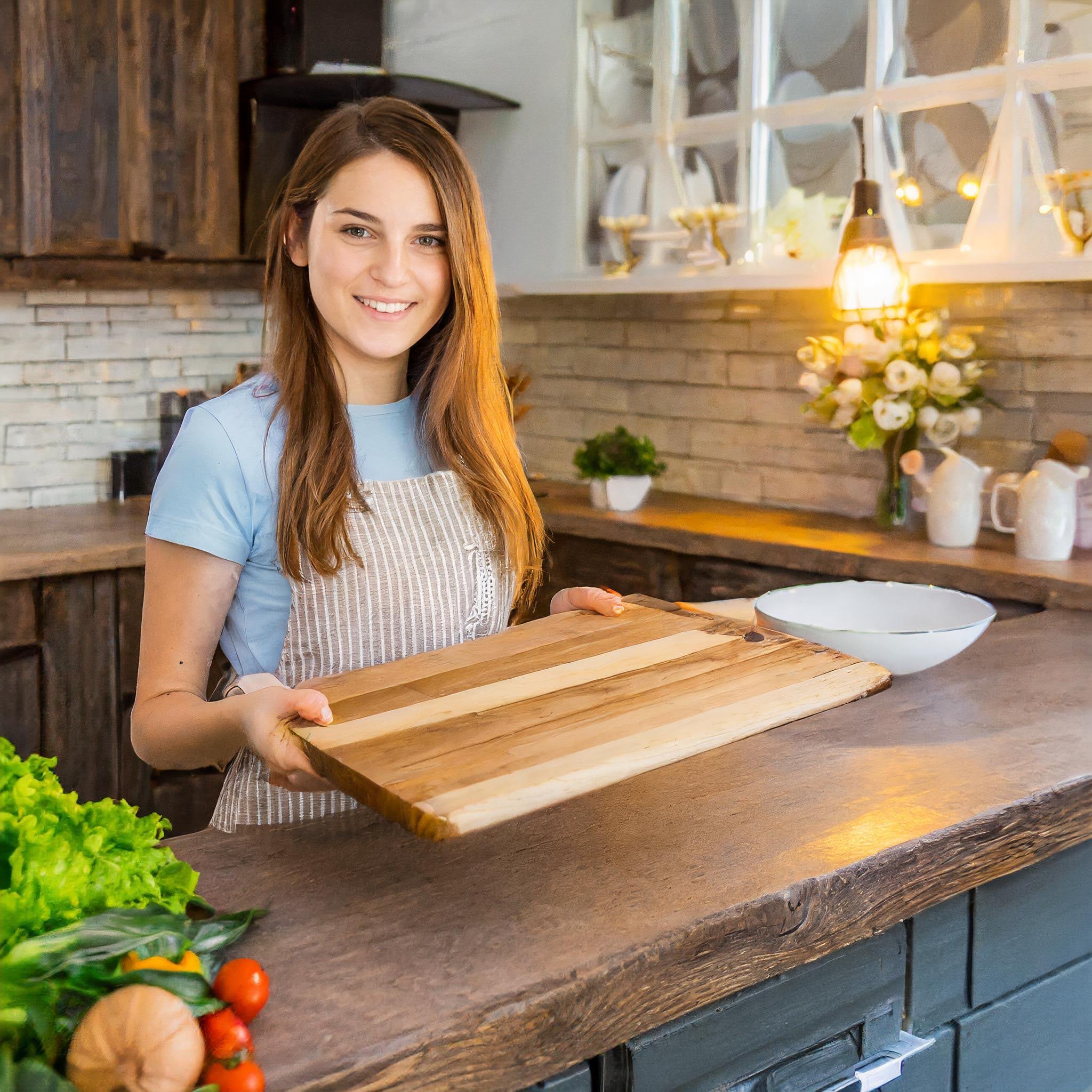 schneidbrett manufaktur individuelles schneidbrett frau in küche