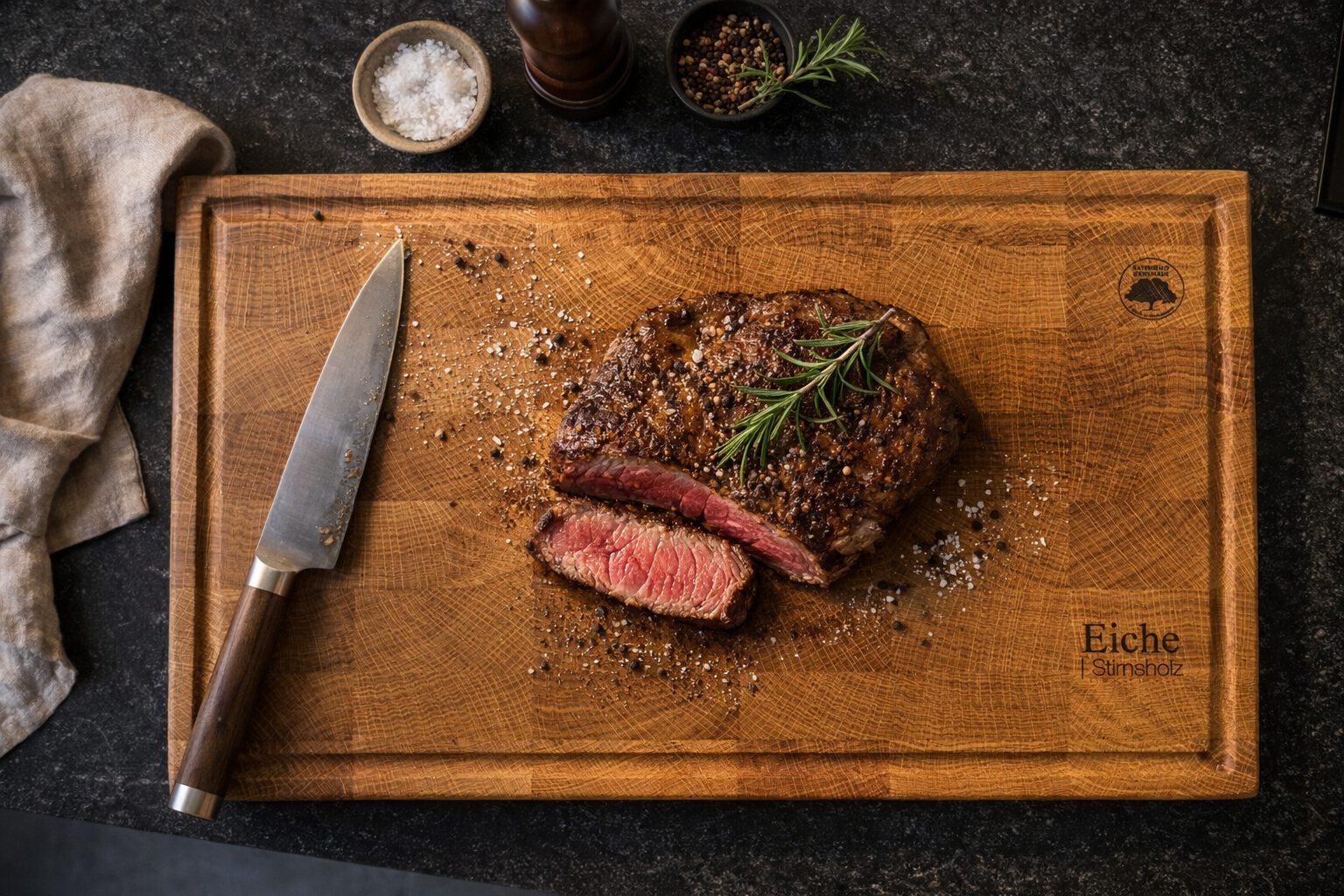 Stirnholz-Schneidebrett-Eiche-Szene-02 Stirnholz Schneidebrett Eiche Draufsicht