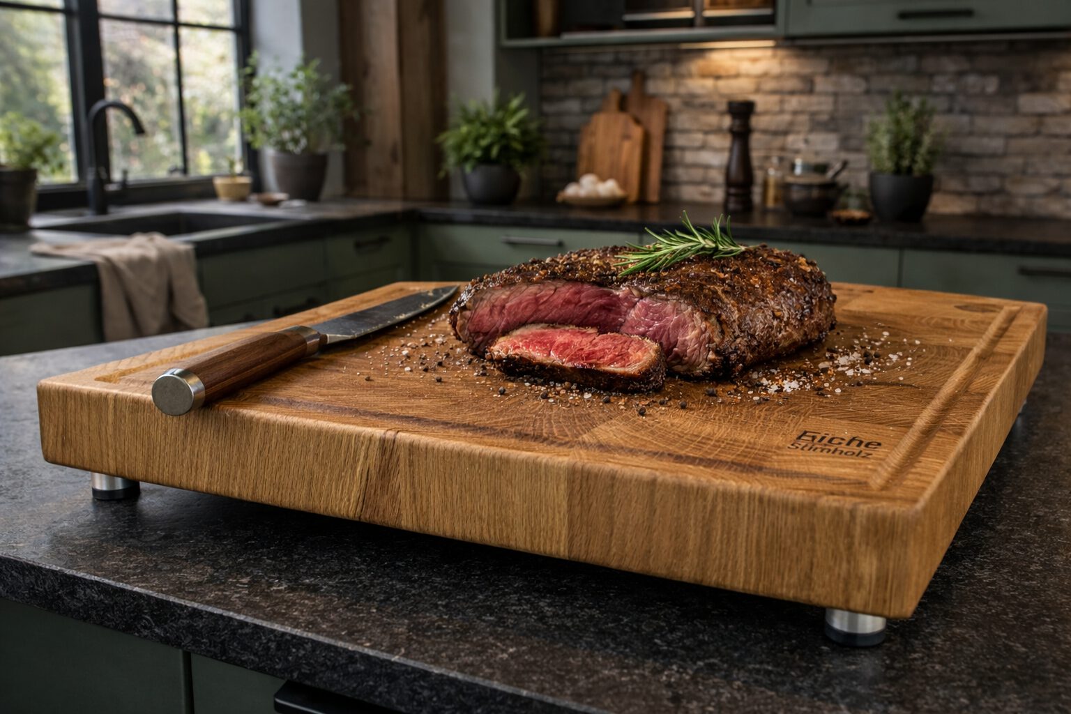 Stirnholz-Schneidebrett-Eiche-Szene-03 Stirnholz Schneidebrett Eiche mit Füßchen